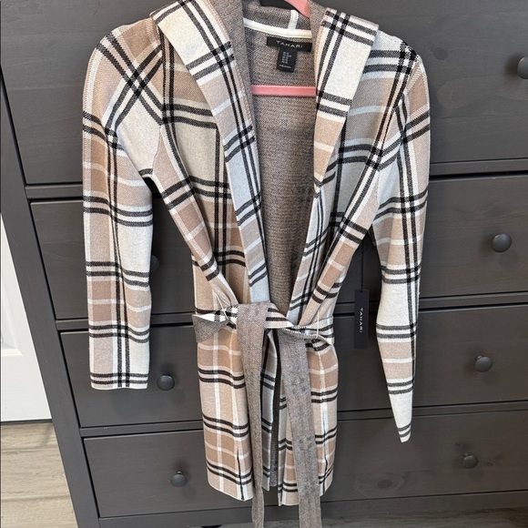 Tahari Sweaters - Tahari Beige Plaid Hooded Cardigan